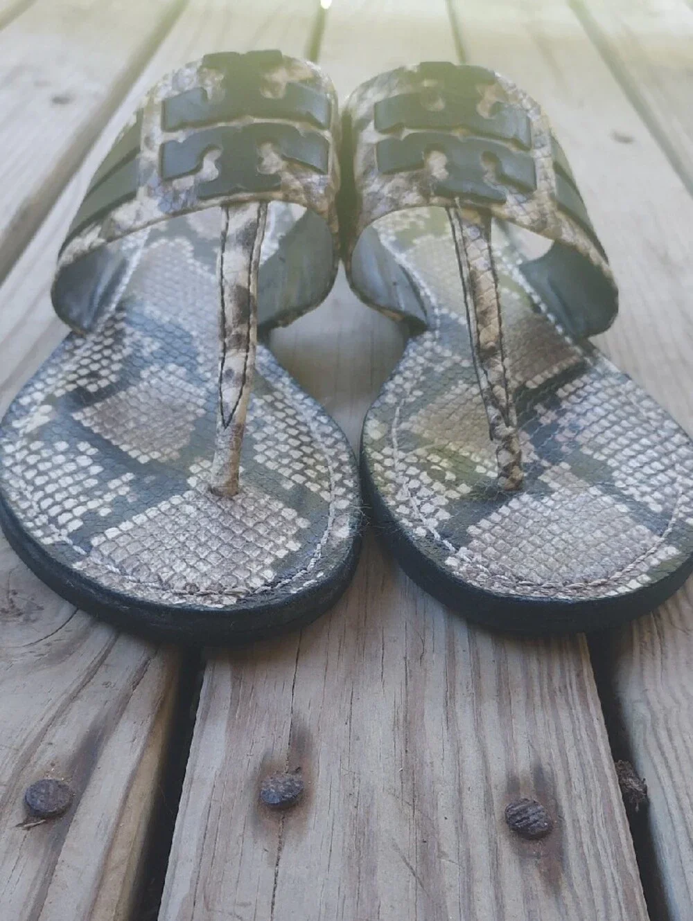 Tory Burch Snake-Print Logo Slide Sandals in Black and Cream